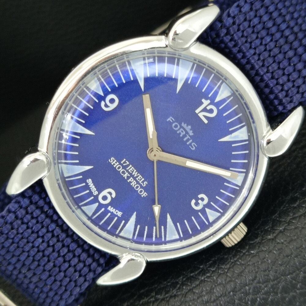 Vintage 1976 Fortis Manual Mens Silver Watch W/Nato Strap & Blue accents